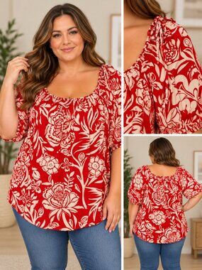 Knox Rose Puff-Sleeve Swing Blouse Floral Red & White XXL